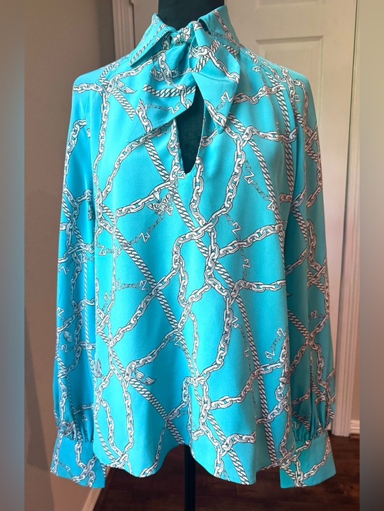 Zadig & Voltaire Tops - NWOT Zadig&Voltaire Tuile 100% Silk Turquoise Chain Print Tie-Neck Blouse size L